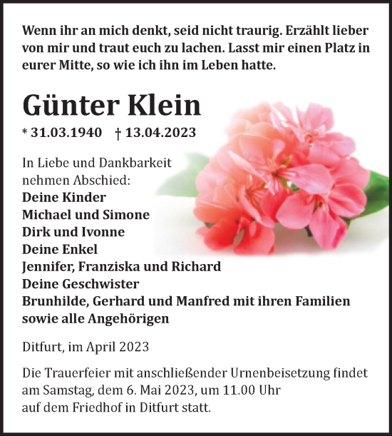 Traueranzeige von Günter Klein von Trauerkombi Quedlinburg