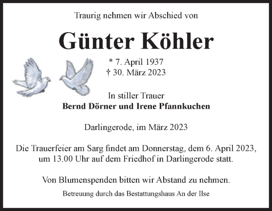 Traueranzeige von Günter Köhler von Volksstimme Wernigerode