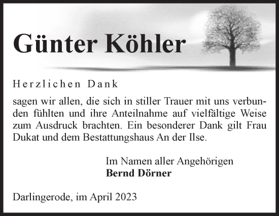 Traueranzeige von Günter Köhler von Volksstimme Wernigerode