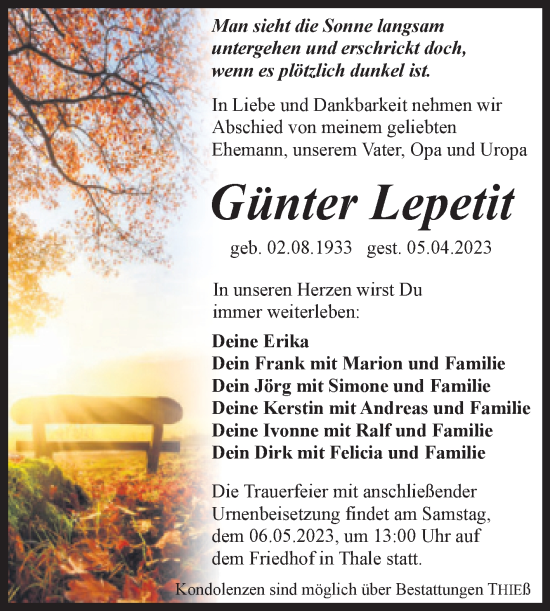Traueranzeige von Günter Lepetit von Trauerkombi Quedlinburg