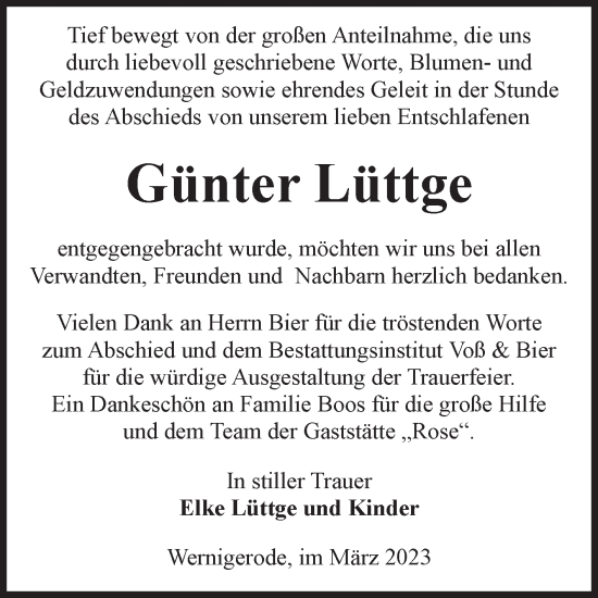 Traueranzeige von Günter Lüttge von Volksstimme Wernigerode