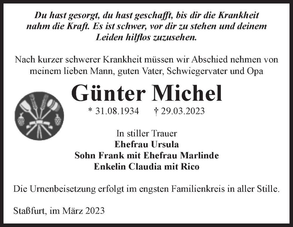  Traueranzeige für Günter Michel vom 01.04.2023 aus Mitteldeutsche Zeitung