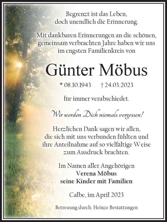 Traueranzeige von Günter Möbus von Volksstimme Schönebeck