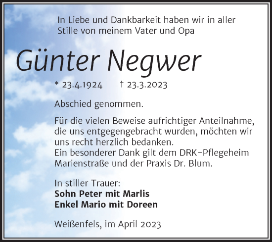 Traueranzeige von Günter Negwer von Trauerkombi Weißenfels