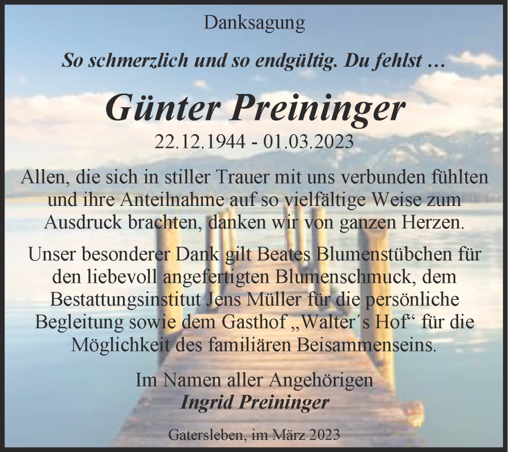 Traueranzeige für Günter Preininger vom 01.04.2023 aus Trauerkombi Aschersleben
