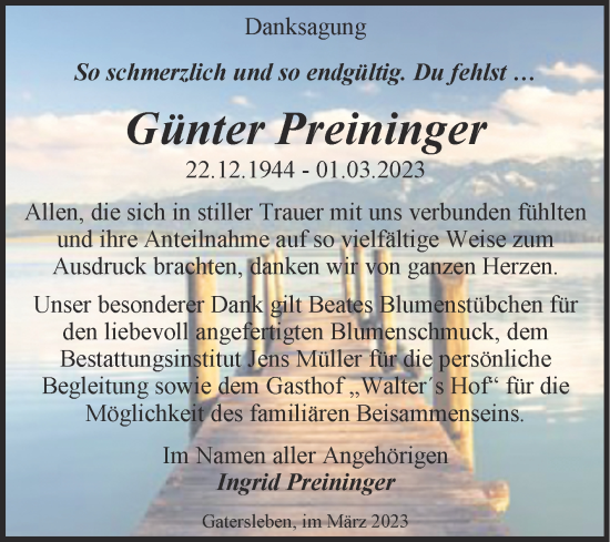 Traueranzeige von Günter Preininger von Trauerkombi Aschersleben