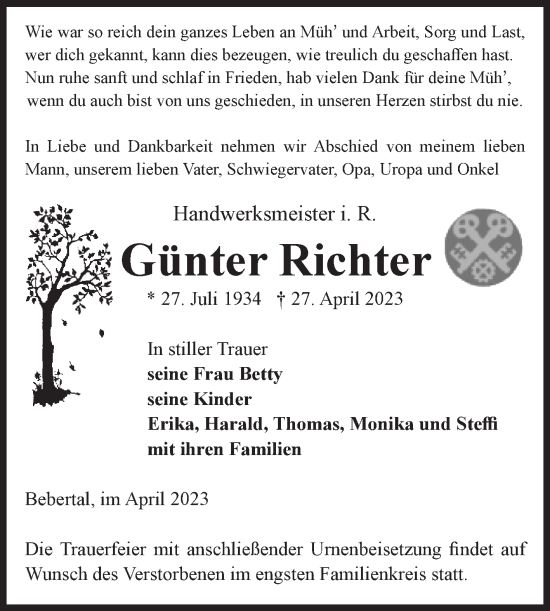Traueranzeige von Günter Richter von Volksstimme Haldensleben/Wolmirstedt