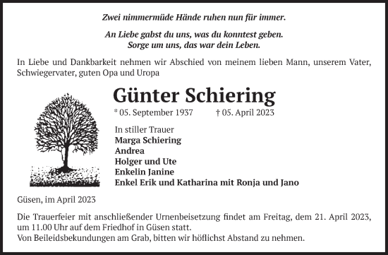 Traueranzeige von Günter Schiering von Volksstimme Burg/Genthin