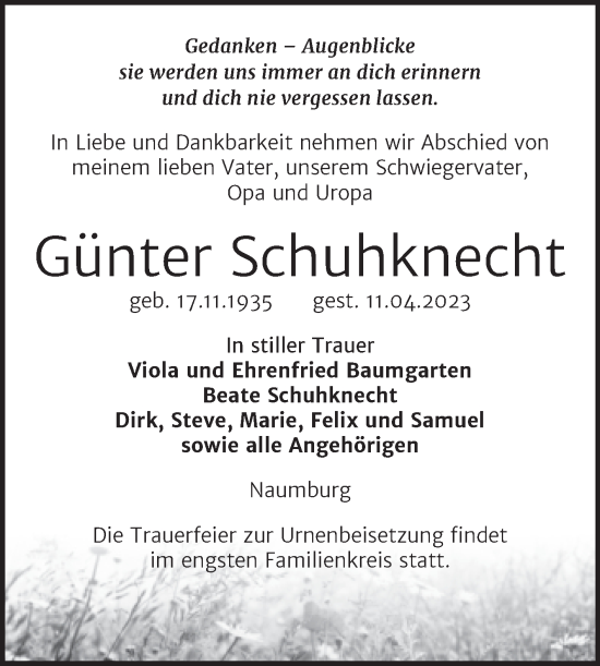 Traueranzeige von Günter Schuhknecht von Wochenspiegel Naumburg/Nebra