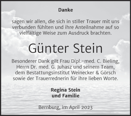 Traueranzeige von Günter Stein von Trauerkombi Bernburg