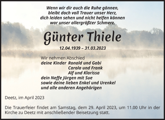 Traueranzeige von Günter Thiele von Volksstimme Zerbst