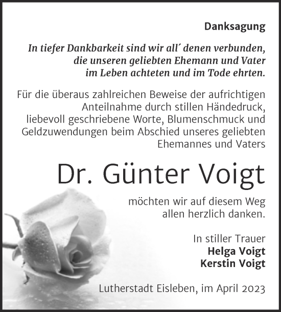 Traueranzeige von Günter Voigt von Trauerkombi Mansfelder Land
