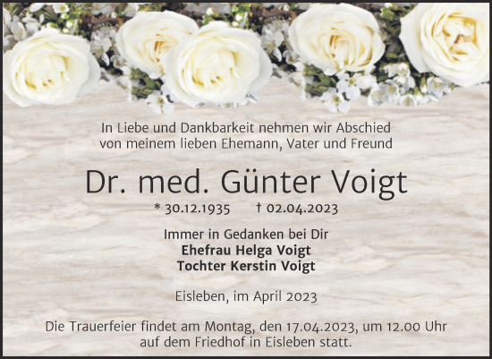 Traueranzeige von Günter Voigt von Trauerkombi Mansfelder Land
