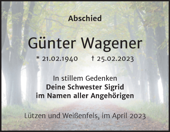 Traueranzeige von Günter Wagener von Trauerkombi Weißenfels