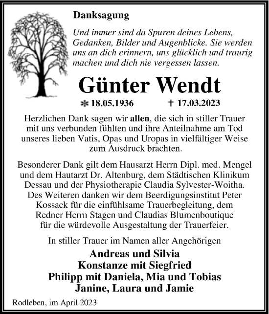 Traueranzeige von Günter Wendt von Trauerkombi Dessau