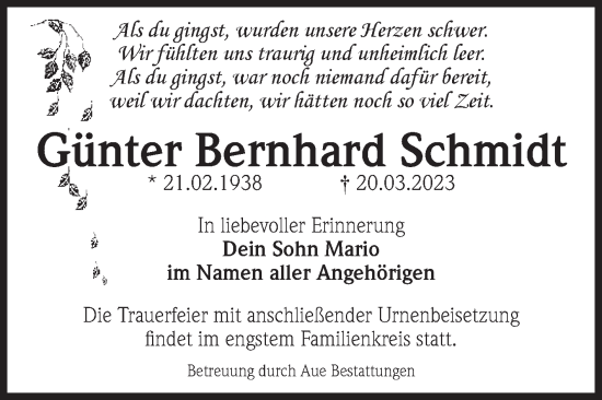 Traueranzeige von Günter Bernhard Schmidt von Volksstimme Magdeburg