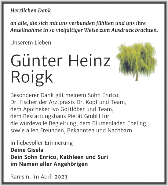Traueranzeige von Günter Heinz Roigk von Trauerkombi Bitterfeld