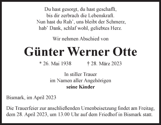 Traueranzeige von Günter Werner Otte von Volksstimme Altmark Ost