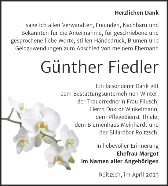 Traueranzeige von Günther Fiedler von Trauerkombi Bitterfeld