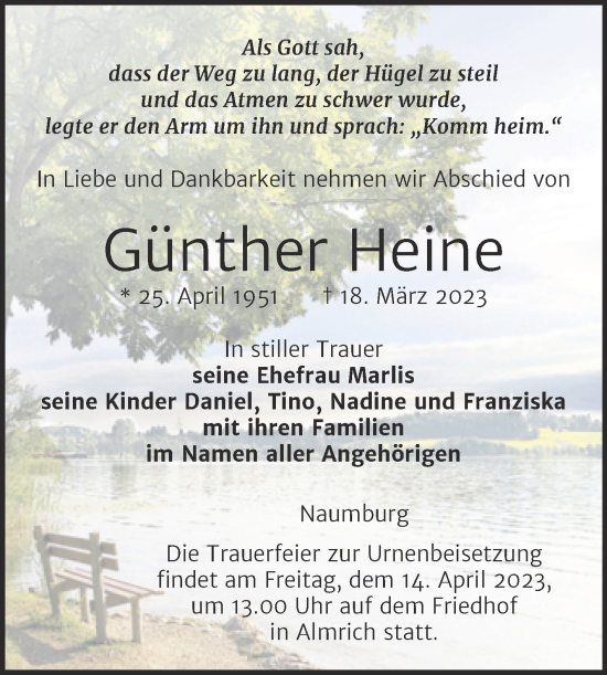 Traueranzeige von Günther Heine von Wochenspiegel Naumburg/Nebra