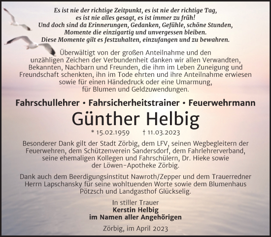 Traueranzeige von Günther Helbig von Trauerkombi Bitterfeld