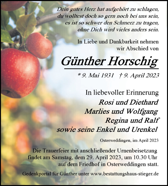 Traueranzeige von Günther Horschig von Volksstimme Oschersleben/Wanzleben