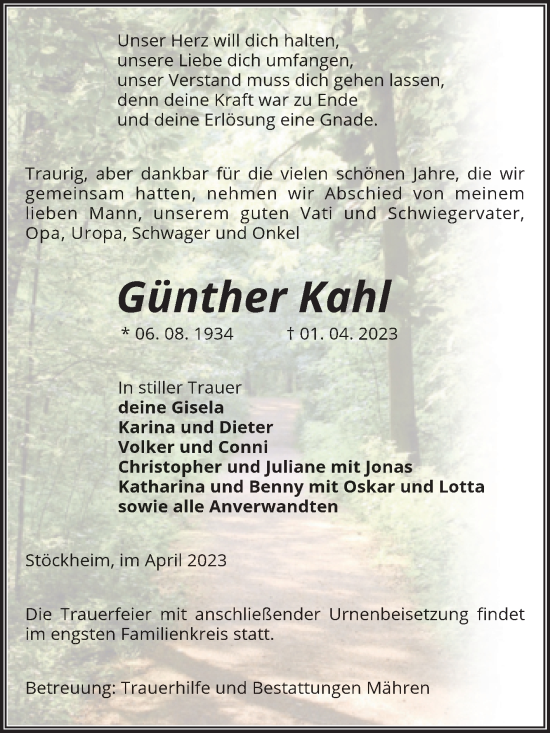 Traueranzeige von Günther Kahl von Volksstimme Altmark West
