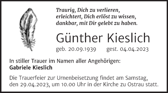 Traueranzeige von Günther Kieslich von Mitteldeutsche Zeitung Halle/Saalkreis