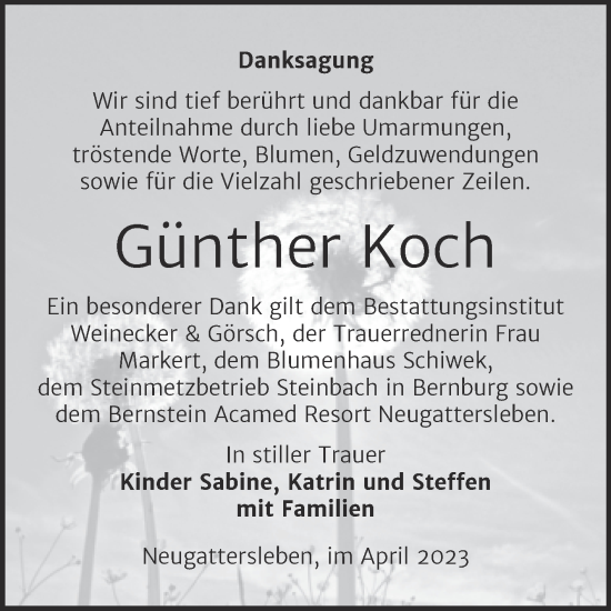 Traueranzeige von Günther Koch von Trauerkombi Bernburg