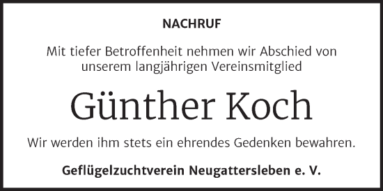 Traueranzeige von Günther Koch von Wochenspiegel Bernburg