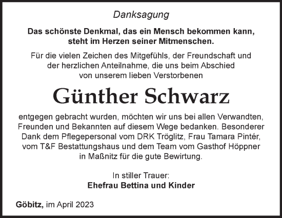 Traueranzeige von Günther Schwarz von Trauerkombi Zeitz