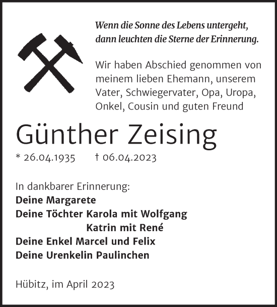 Traueranzeige von Günther Zeising von Trauerkombi Mansfelder Land