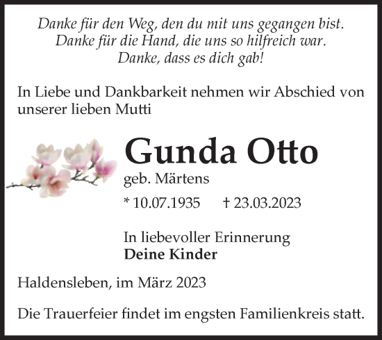 Traueranzeige von Gunda Otto von Volksstimme Haldensleben/Wolmirstedt