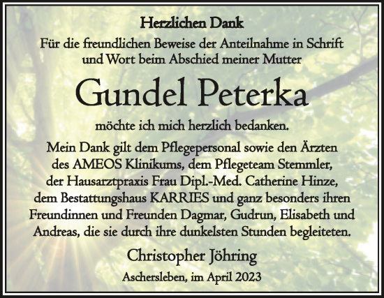 Traueranzeige von Gundel Peterka von Trauerkombi Aschersleben