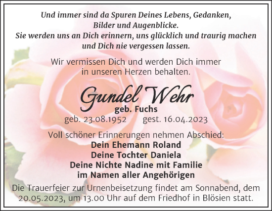Traueranzeige von Gundel Wehr von Trauerkombi Merseburg
