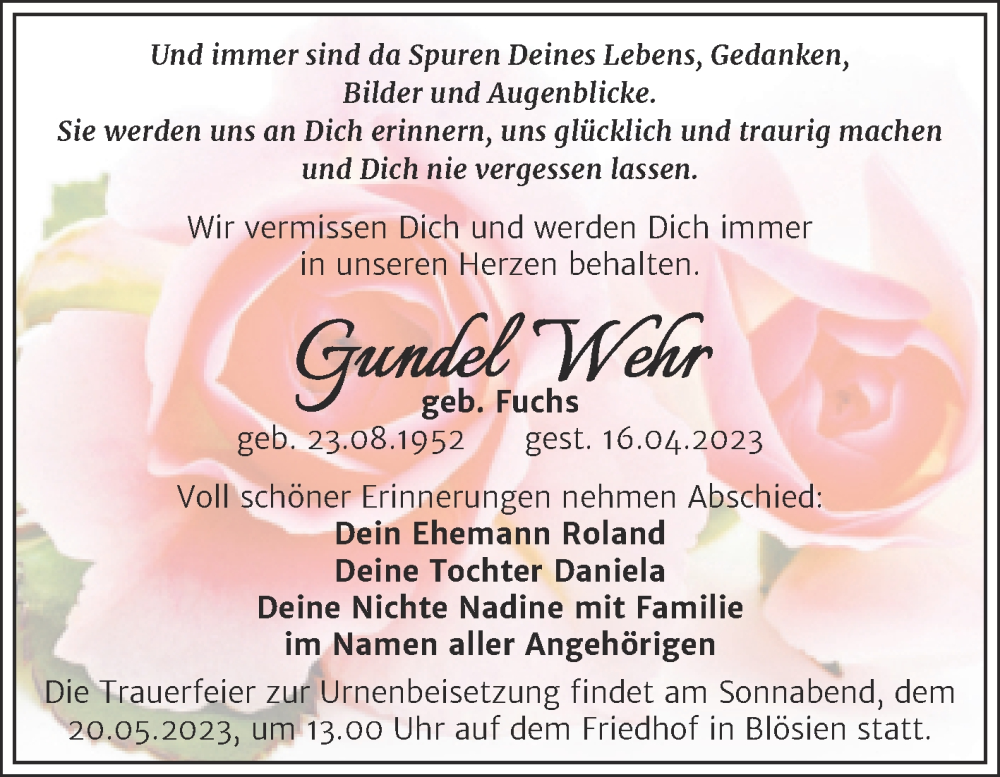  Traueranzeige für Gundel Wehr vom 28.04.2023 aus Trauerkombi Merseburg
