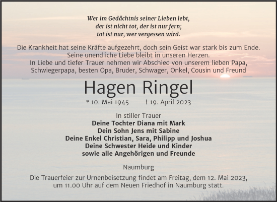 Traueranzeige von Hagen Ringel von Wochenspiegel Naumburg/Nebra