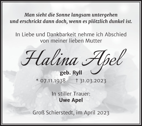 Traueranzeige von Halina Apel von Trauerkombi Aschersleben