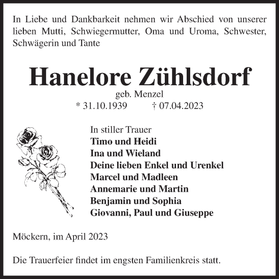 Traueranzeige von Hanelore Zühlsdorf von Volksstimme Burg/Genthin