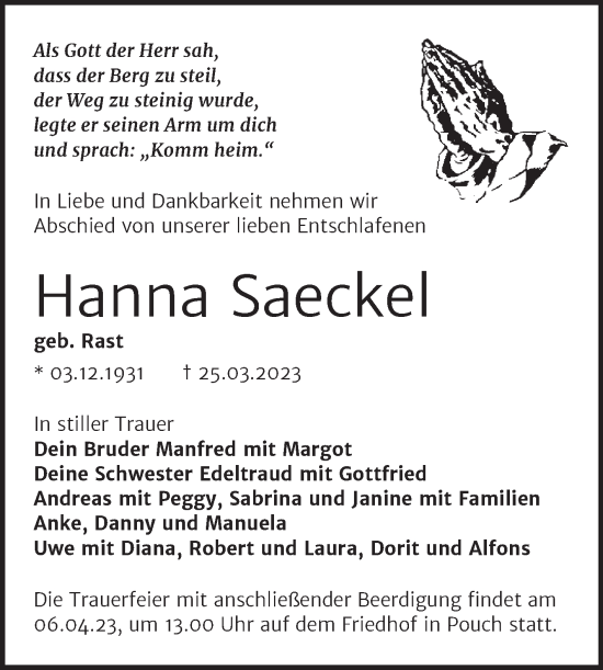 Traueranzeige von Hanna Saeckel von Trauerkombi Bitterfeld