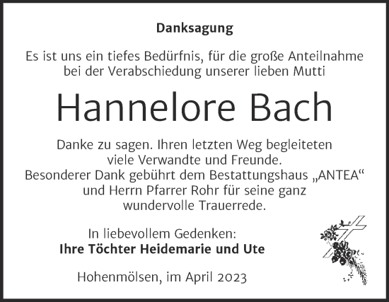 Traueranzeige von Hannelore Bach von Trauerkombi Weißenfels