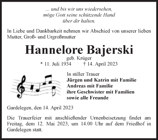 Traueranzeige von Hannelore Bajerski von Volksstimme Altmark West