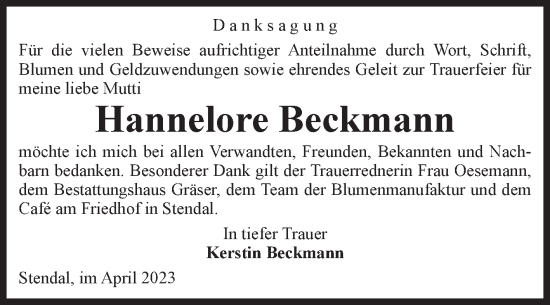 Traueranzeige von Hannelore Beckmann von Volksstimme Altmark Ost
