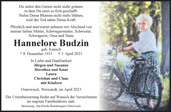 Traueranzeige von Hannelore Budzin von Volksstimme Halberstadt