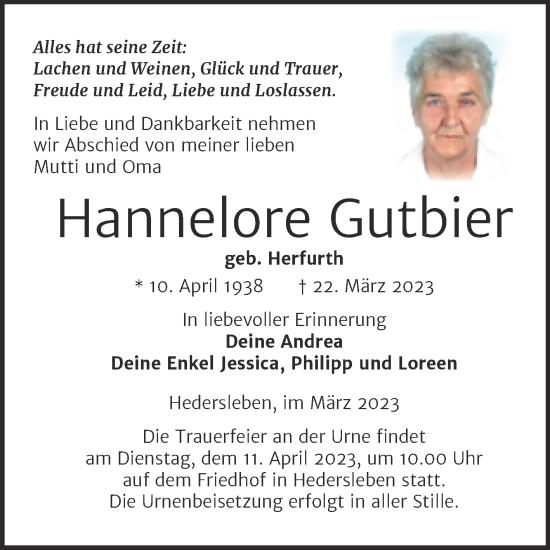 Traueranzeige von Hannelore Gutbier von Trauerkombi Quedlinburg