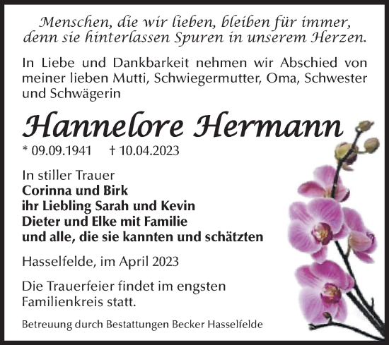 Traueranzeige von Hannelore Hermann von Volksstimme Wernigerode