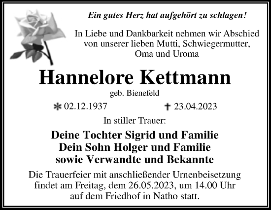 Traueranzeige von Hannelore Kettmann von Trauerkombi Dessau