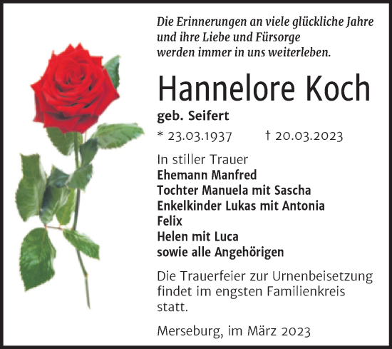 Traueranzeige von Hannelore Koch von Trauerkombi Merseburg