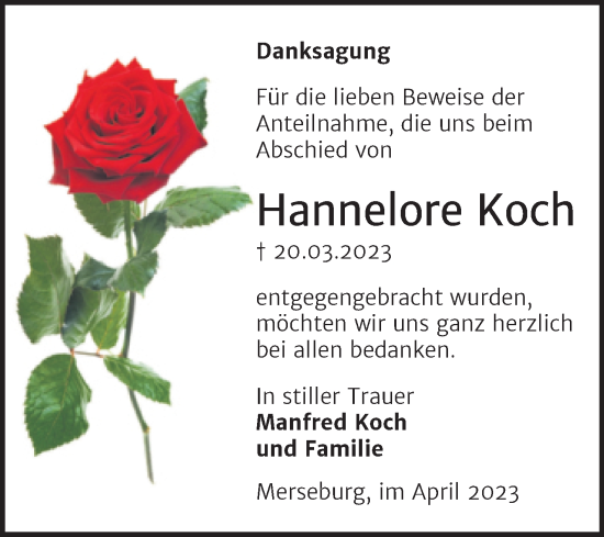 Traueranzeige von Hannelore Koch von Trauerkombi Merseburg