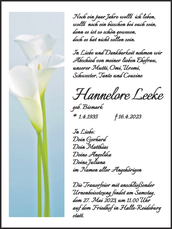 Traueranzeige von Hannelore Leeke von Mitteldeutsche Zeitung Halle/Saalkreis